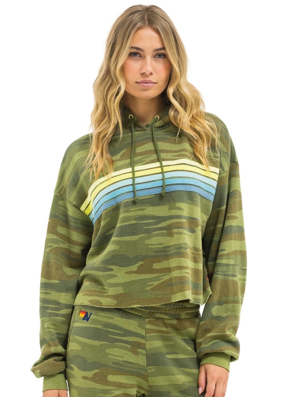 Aviator Nation NWT 5 Stripe Cropped Hoodie, Camo / Aqua / Lime, Medium